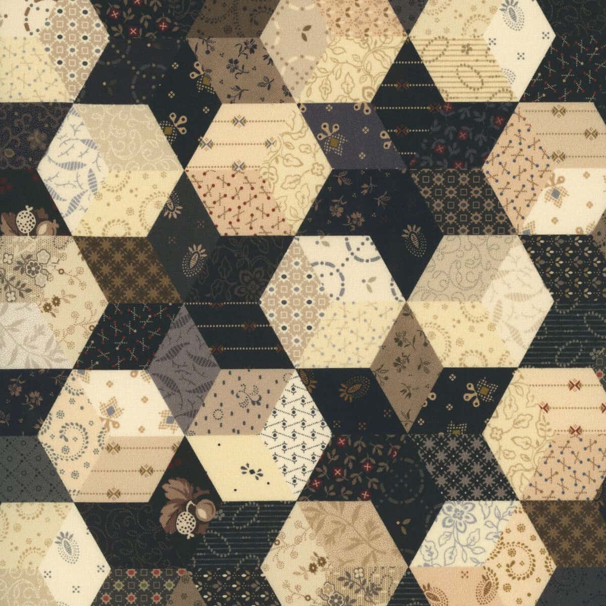 Tela Marcus Fabrics Black Sheep Cottons hexágonos y rombos negro y beige